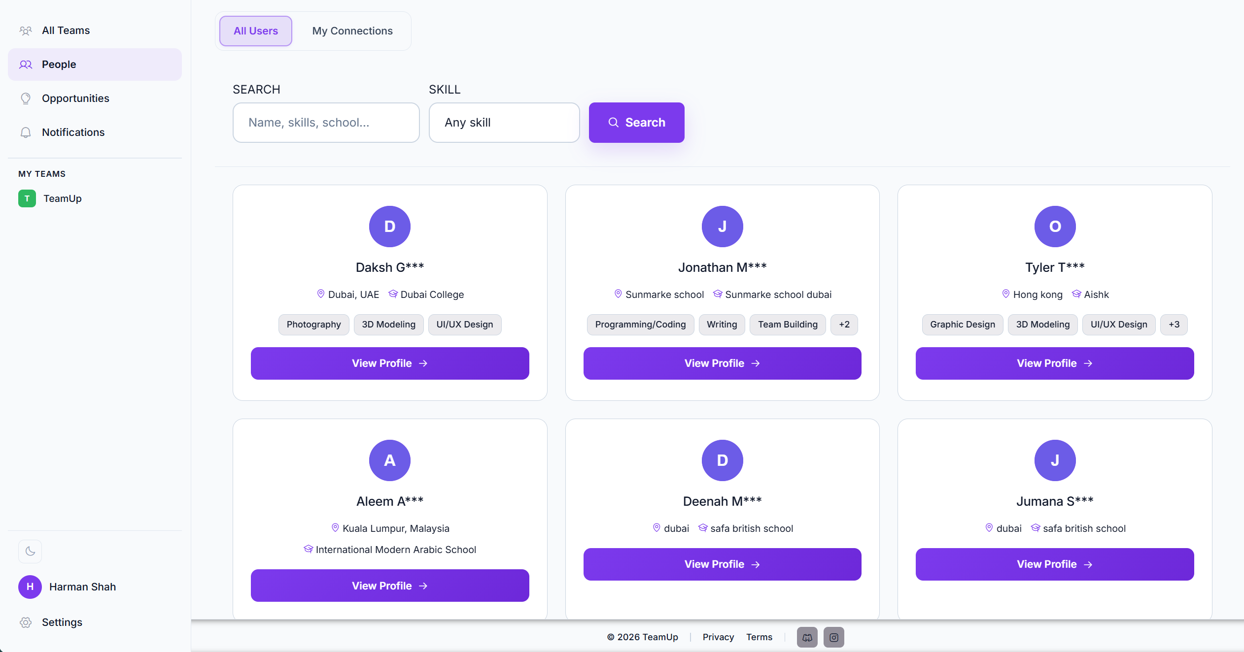 TeamUp matching page